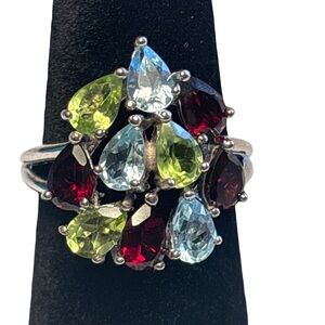 Elegant Multi-Color Teardrop Gemstone Ring 925 sterling silver Size 8